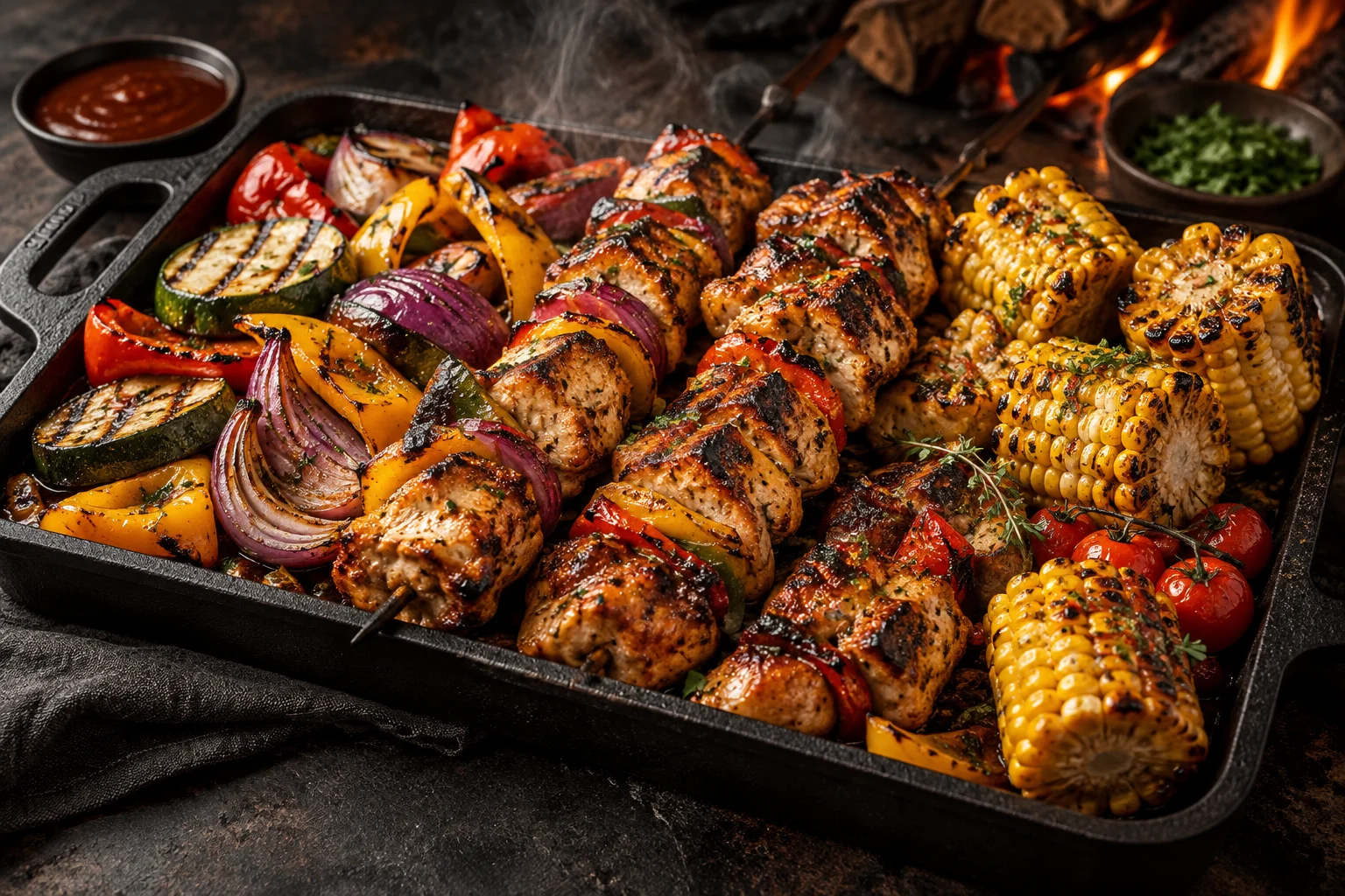 Ilustrasi hidangan BBQ dengan tusuk ayam, jagung dan sayuran panggang